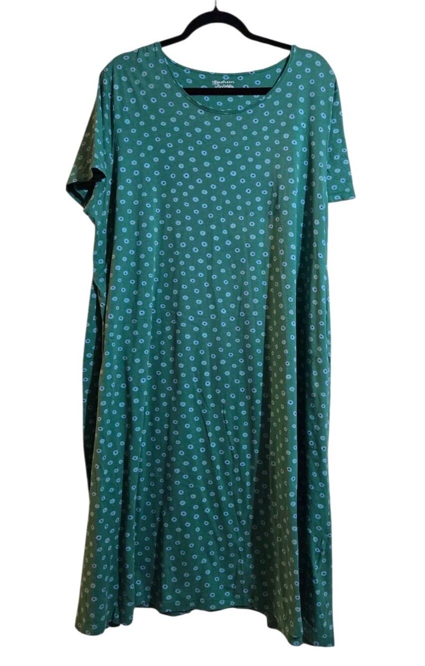 Gudrun Sjoden Womens Organic Cotton Long Dress Green Spotted Plus Sz XXL Pockets